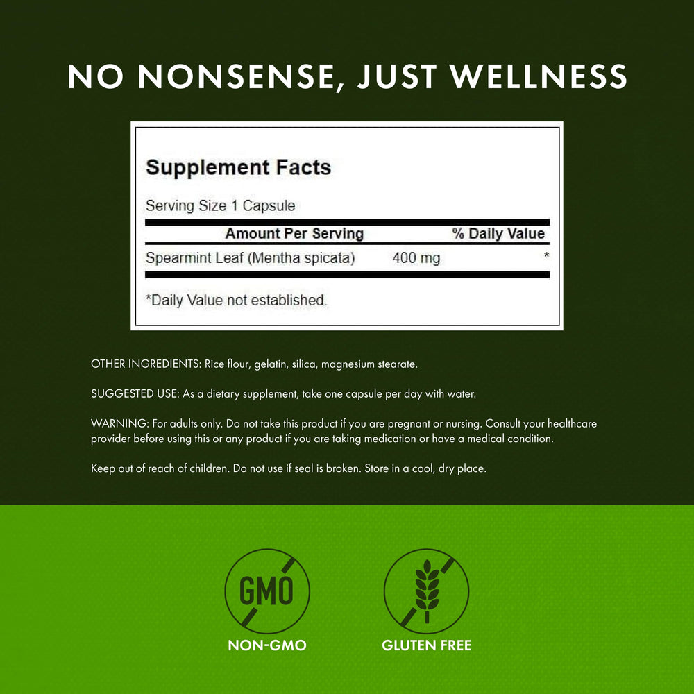 Swanson Spearmint Leaf label highlights non-GMO and gluten-free ingredients