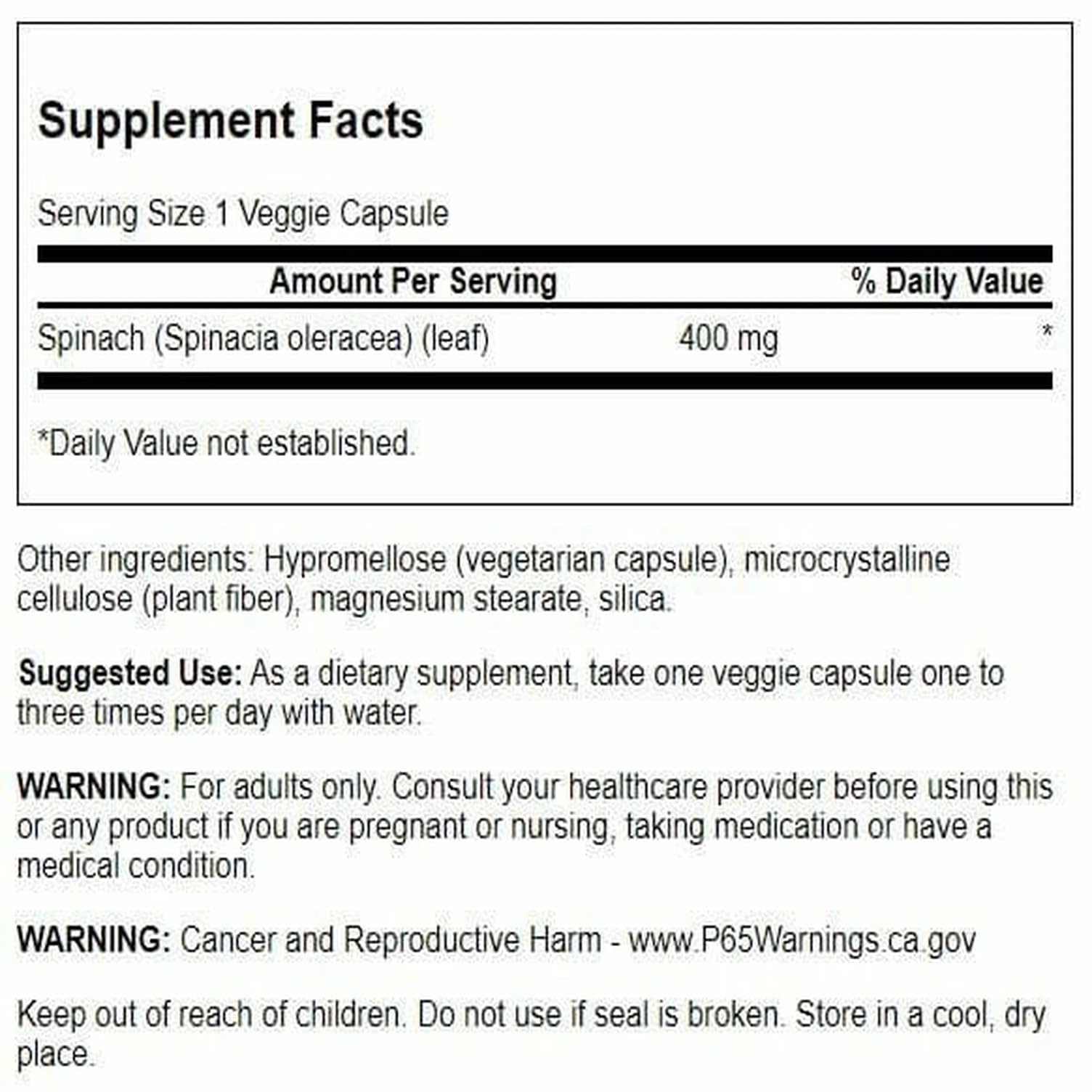 Close view of Swanson spinach leaf capsules highlighting convenient daily supplementation.