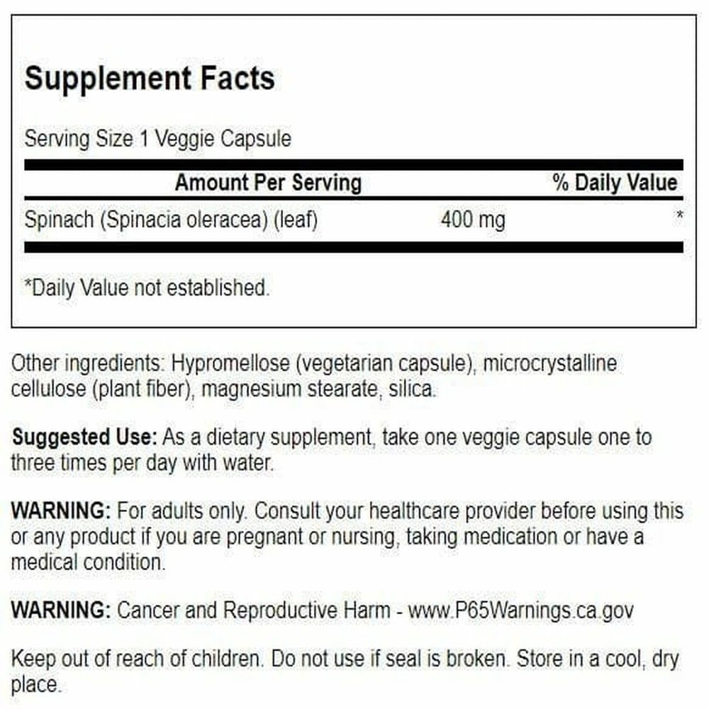 Close view of Swanson spinach leaf capsules highlighting convenient daily supplementation.