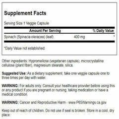 Close view of Swanson spinach leaf capsules highlighting convenient daily supplementation.