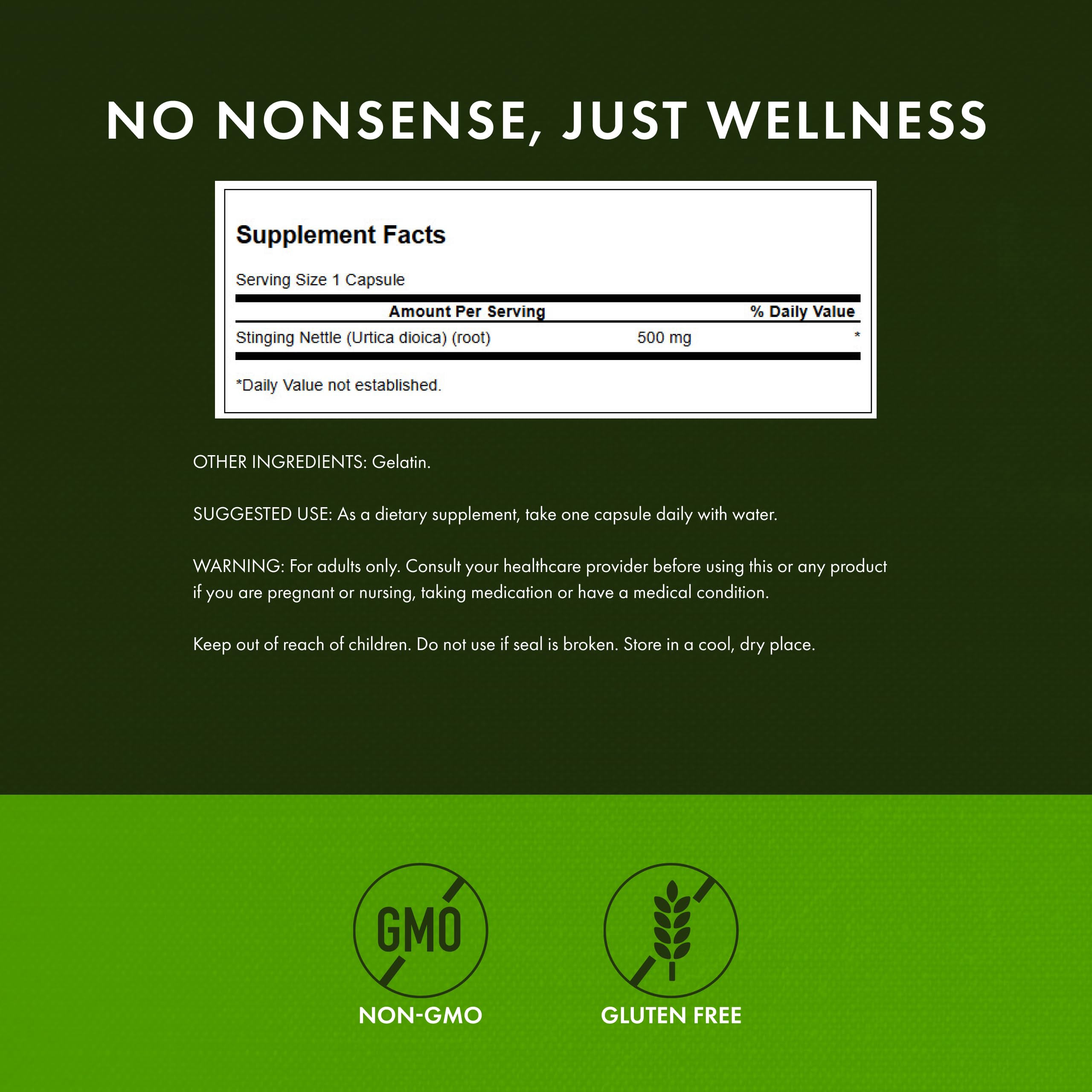 Swanson Stinging Nettle Root bottle with GMP certification seal, highlighting quality and safe daily use.