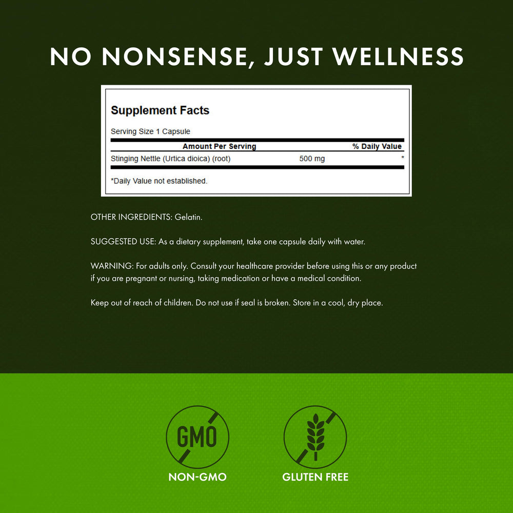 Swanson Stinging Nettle Root bottle with GMP certification seal, highlighting quality and safe daily use.