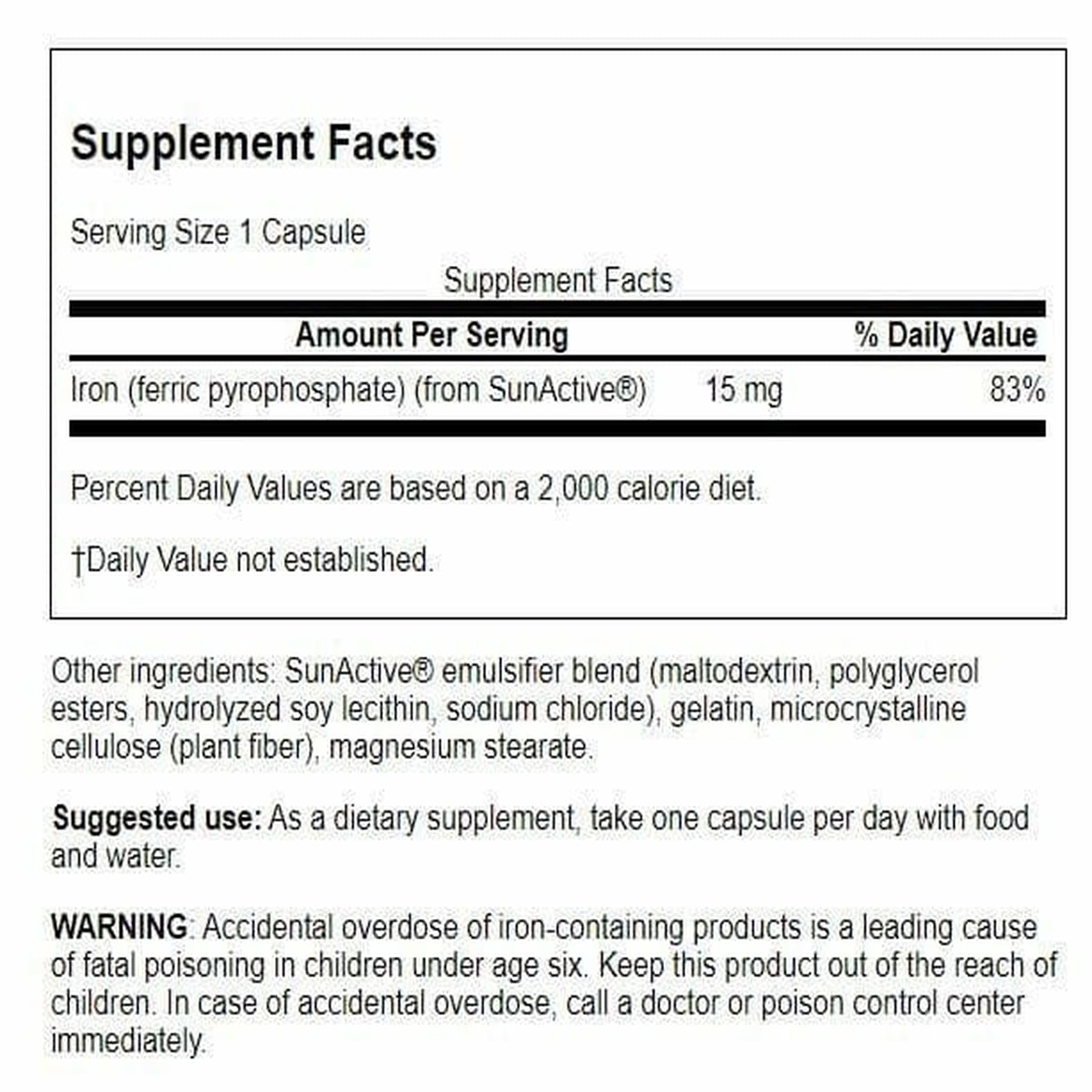 Swanson Sunactive Iron pill closeup highlighting micro-encapsulated formulation.