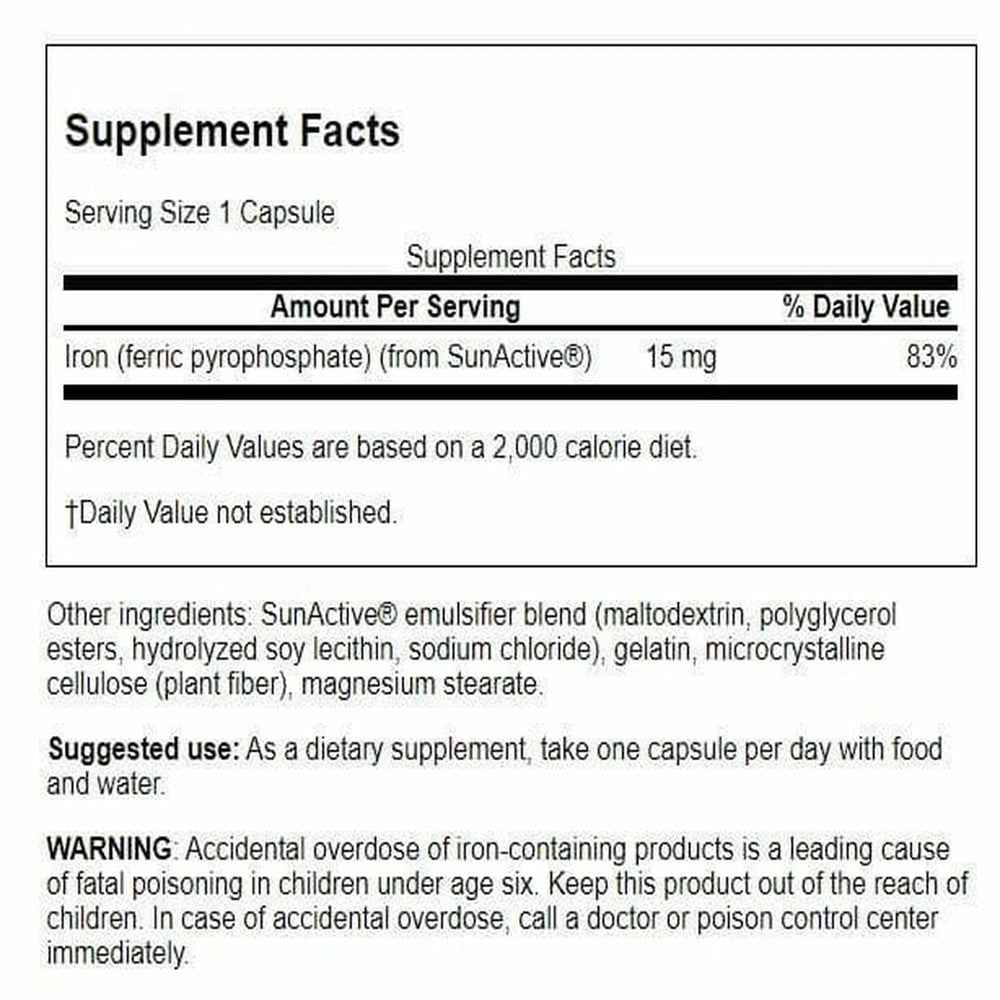 Swanson Sunactive Iron pill closeup highlighting micro-encapsulated formulation.