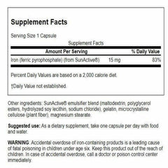 Swanson Sunactive Iron pill closeup highlighting micro-encapsulated formulation.