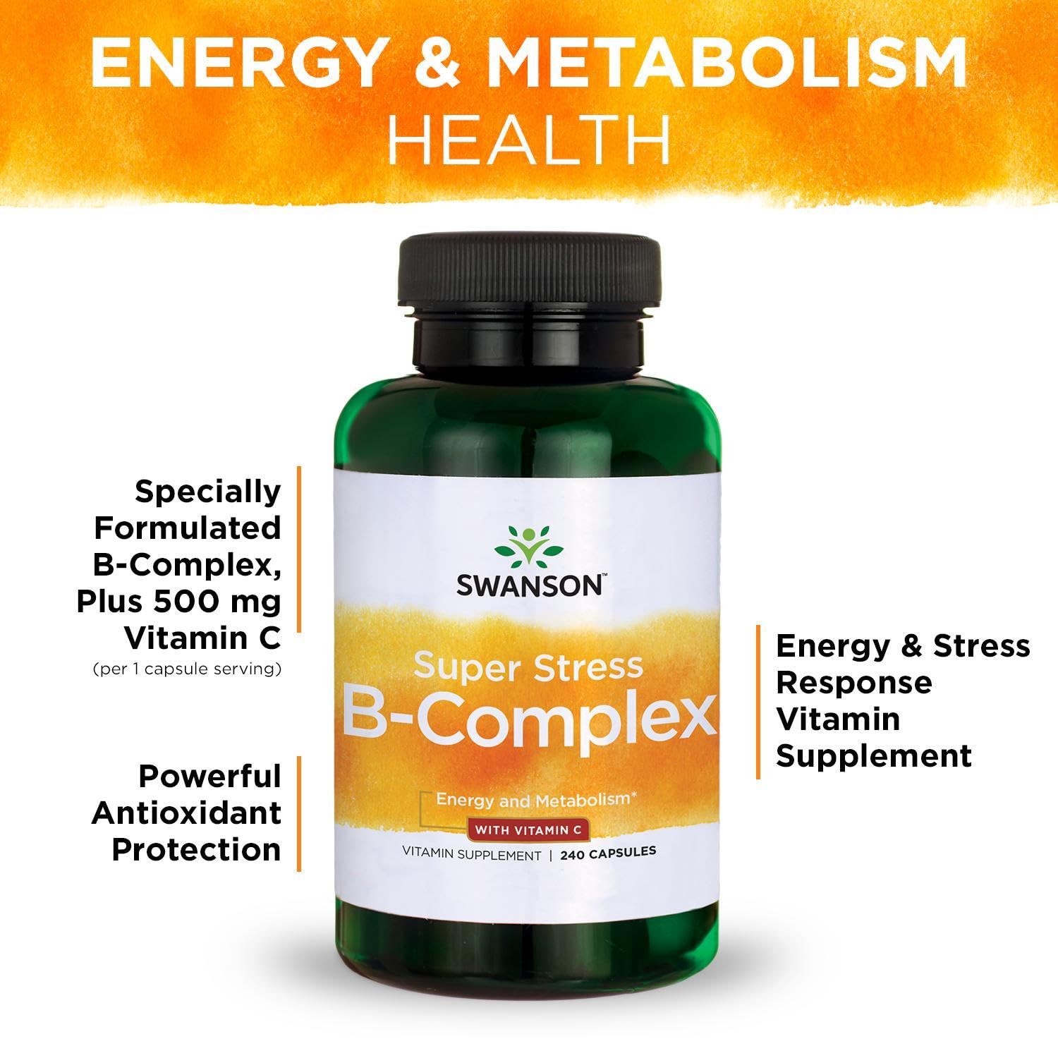 Dosage information for Swanson Super Stress B-Complex shows two capsules daily.