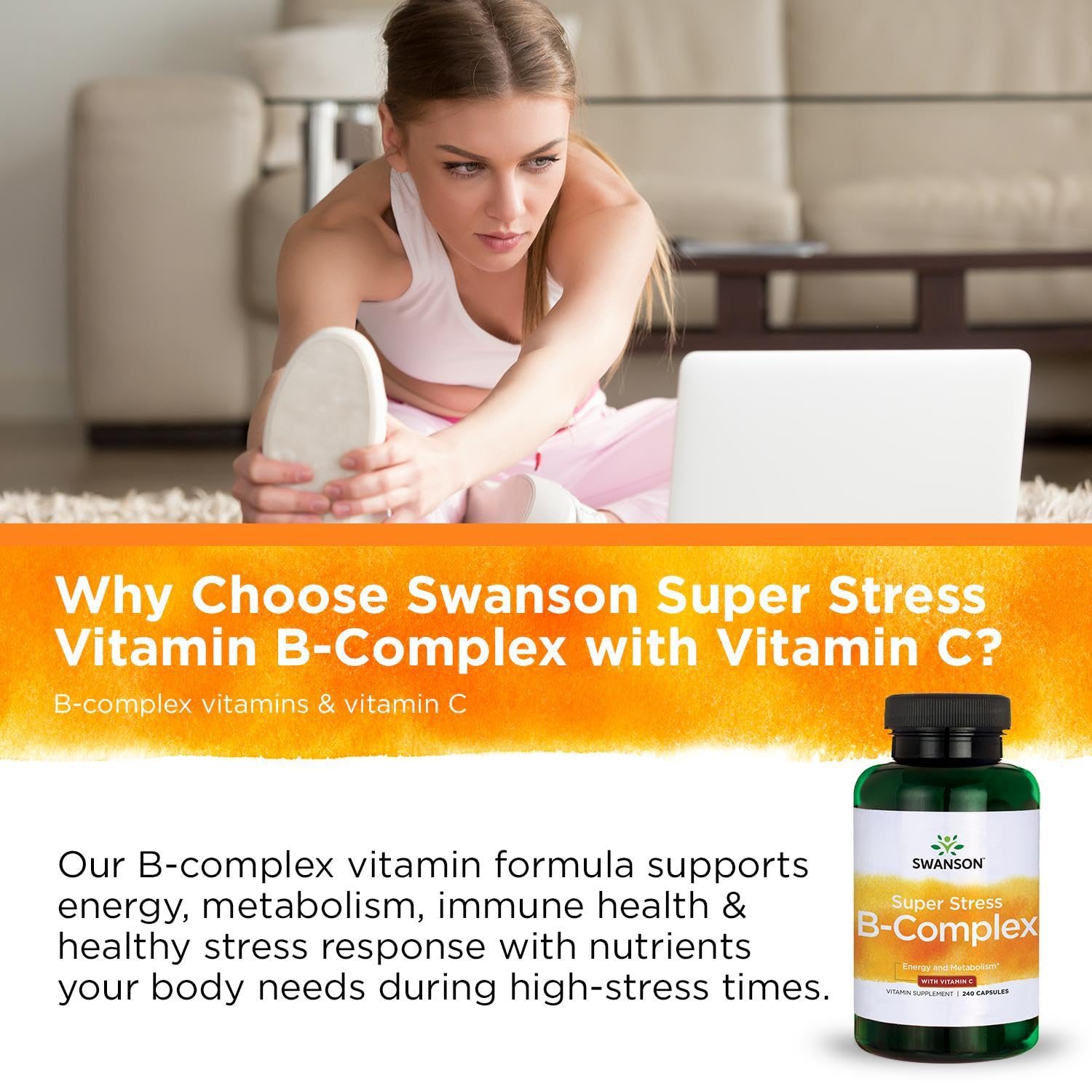 Swanson Super Stress B-Complex held in hand for convenient daily use.
