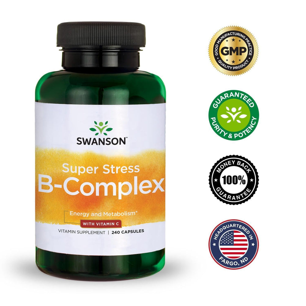 Lifestyle scene with Swanson Super Stress B-Complex suggesting focused energy.