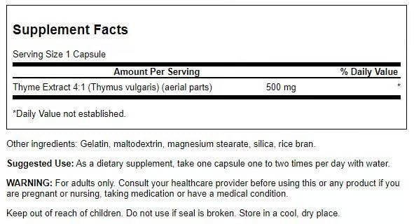 Swanson Thyme Leaf bottle with label close-up highlighting digestive health focus.