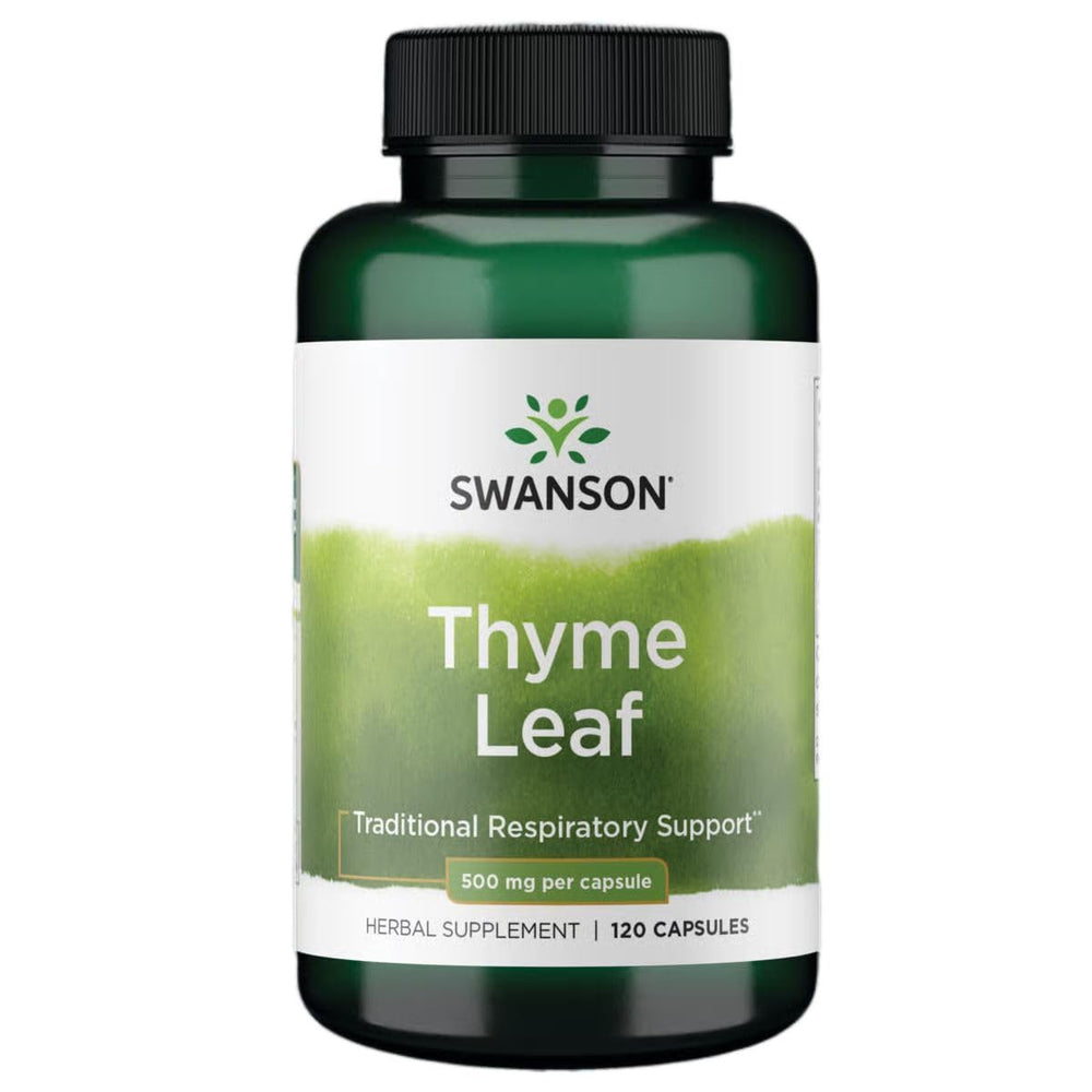 Swanson Thyme Leaf capsules front view suggesting respiratory support potential.