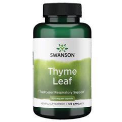 Swanson Thyme Leaf capsules front view suggesting respiratory support potential.