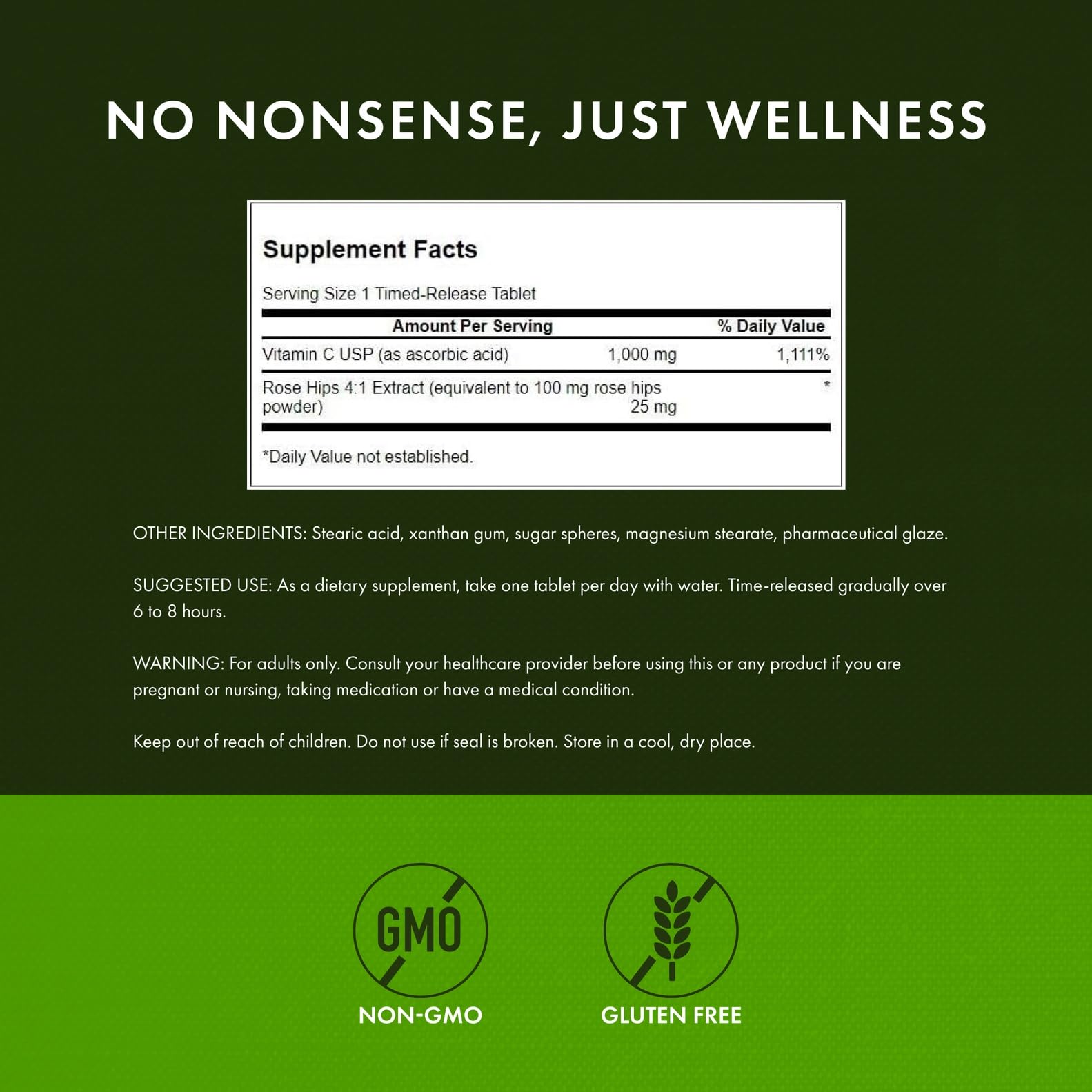 Swanson Timed-Release Vitamin C Rose HIPS capsules on white background