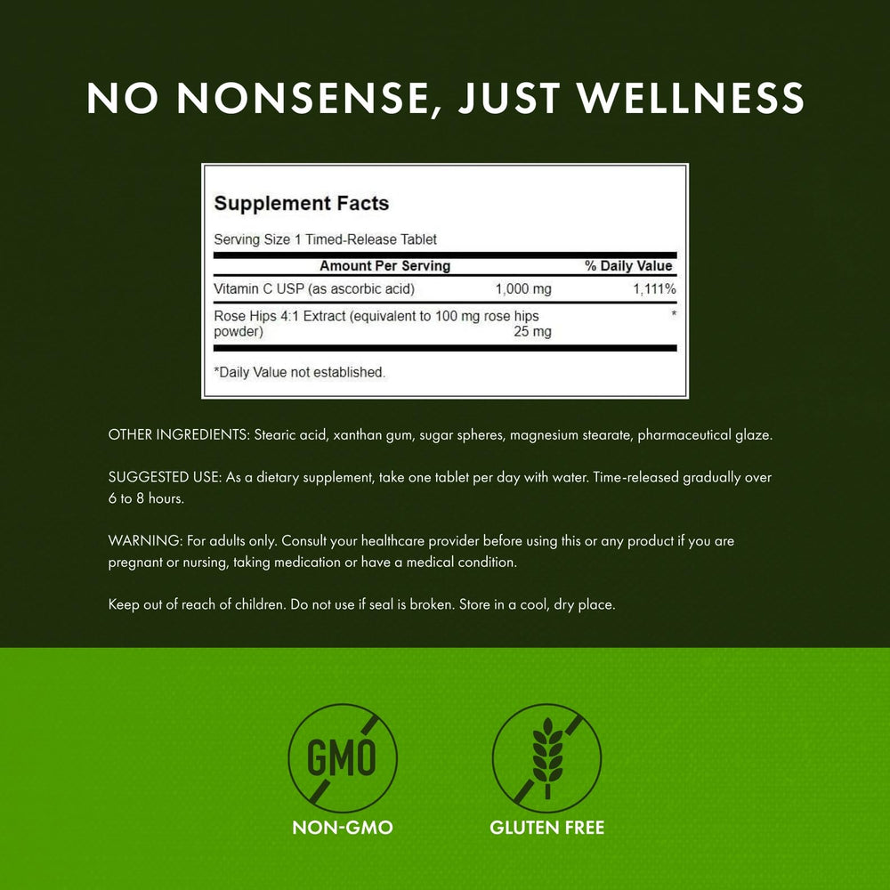 Swanson Timed-Release Vitamin C Rose HIPS capsules on white background