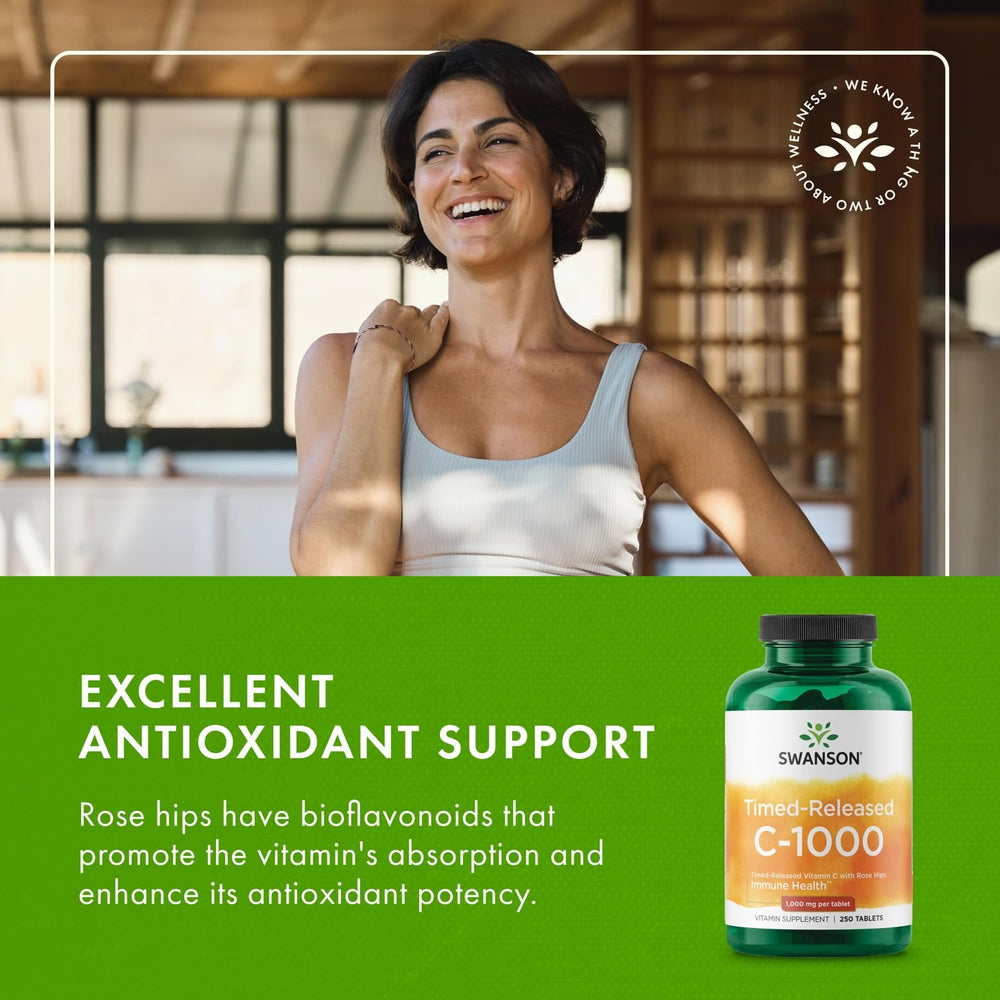 Swanson Timed-Release Vitamin C capsules bathed in soft light