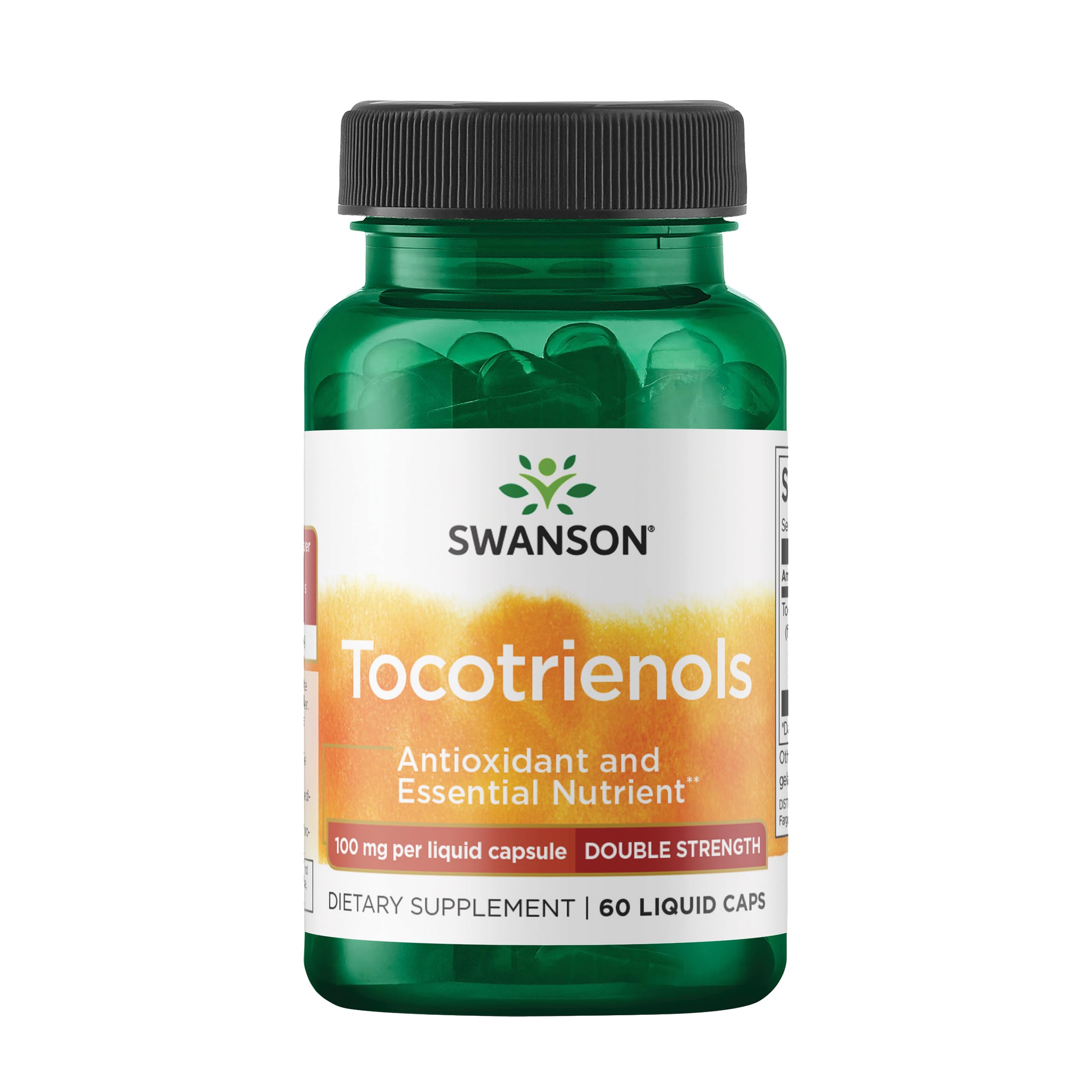 Swanson Tocotrienols bottle label highlighting double-strength antioxidant formula