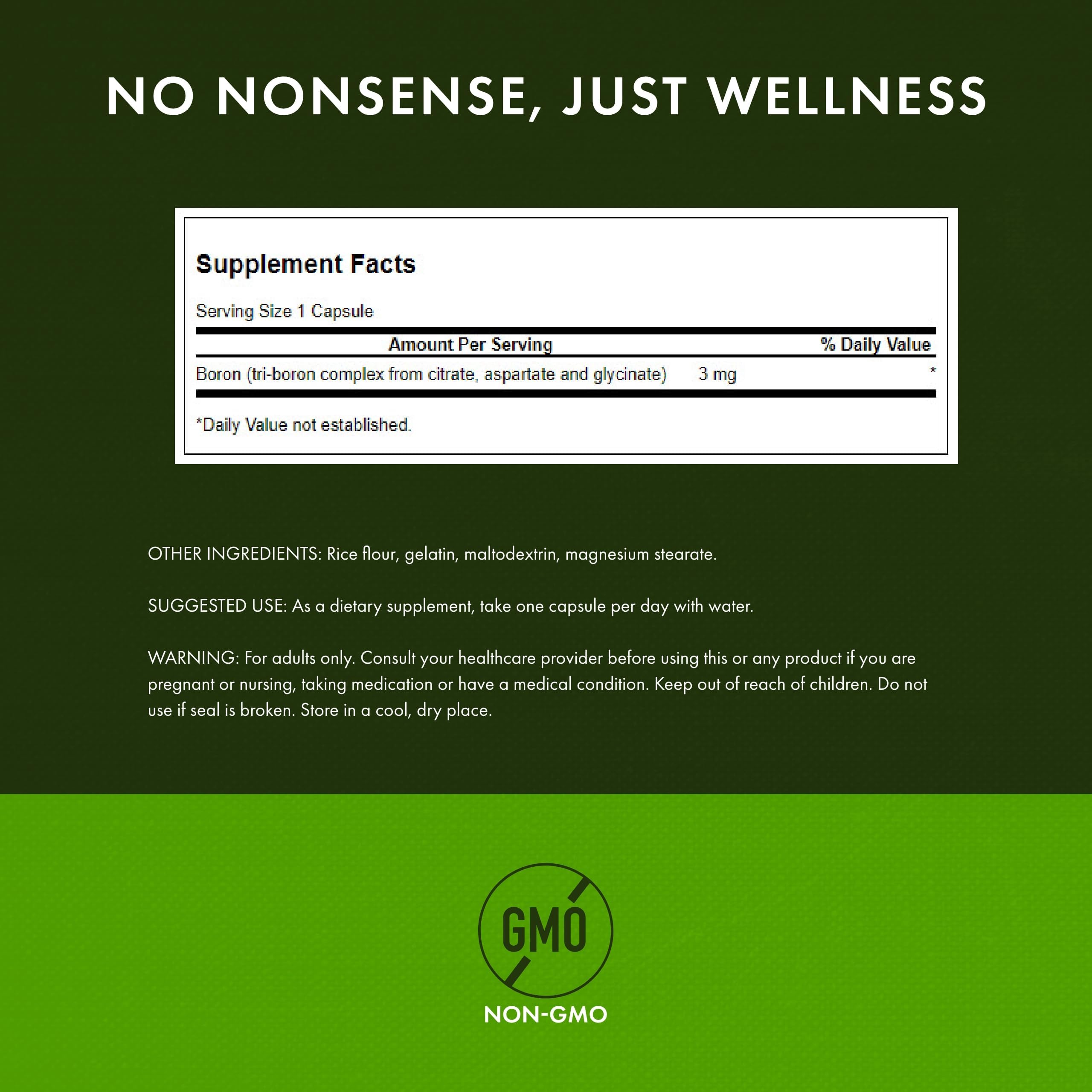 Swanson Triple Boron Complex label detail highlighting non-GMO and quality standards