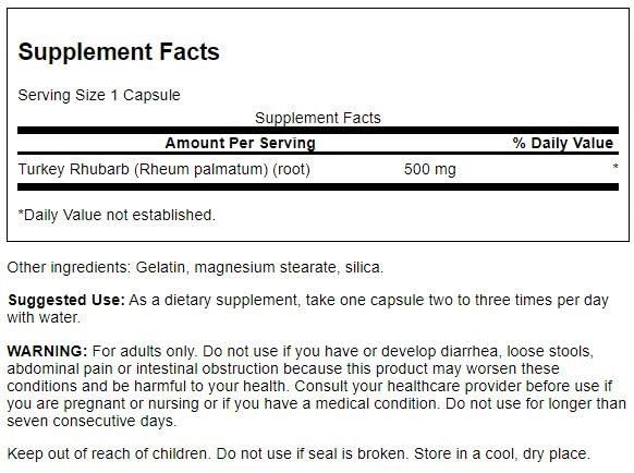 Swanson Turkey Rhubarb bottle pour demonstrates simple dosing for GI wellness routines.