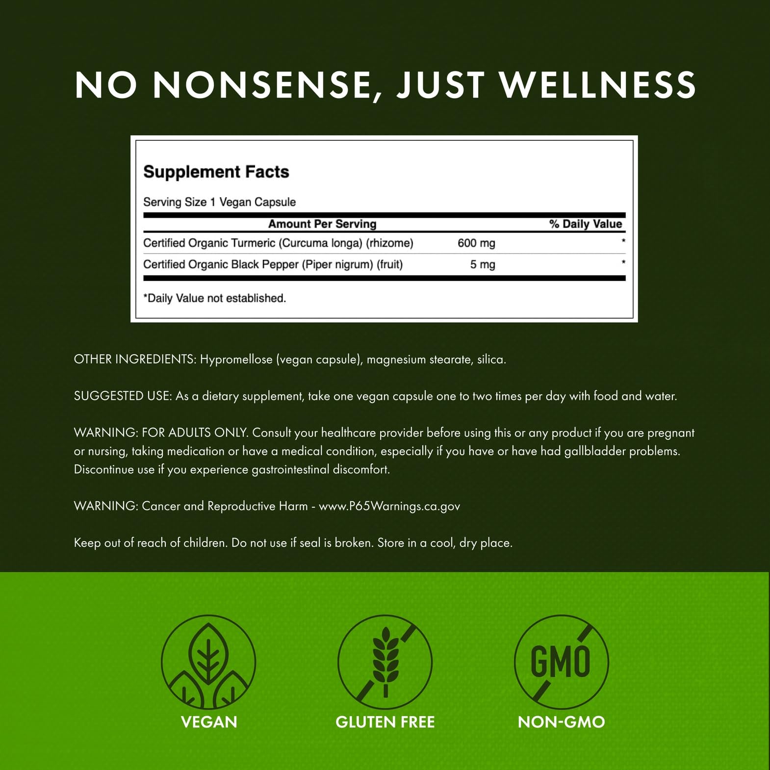 Swanson Turmeric & Black Pepper label front highlighting organic, vegan, non-GMO features.