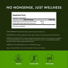 Swanson Turmeric & Black Pepper label front highlighting organic, vegan, non-GMO features.