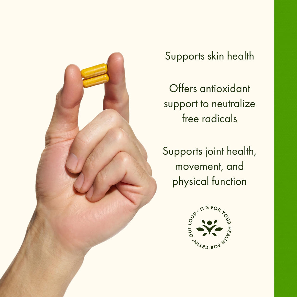 Swanson Turmeric bottle pour-action illustrating dosage and ease of use.