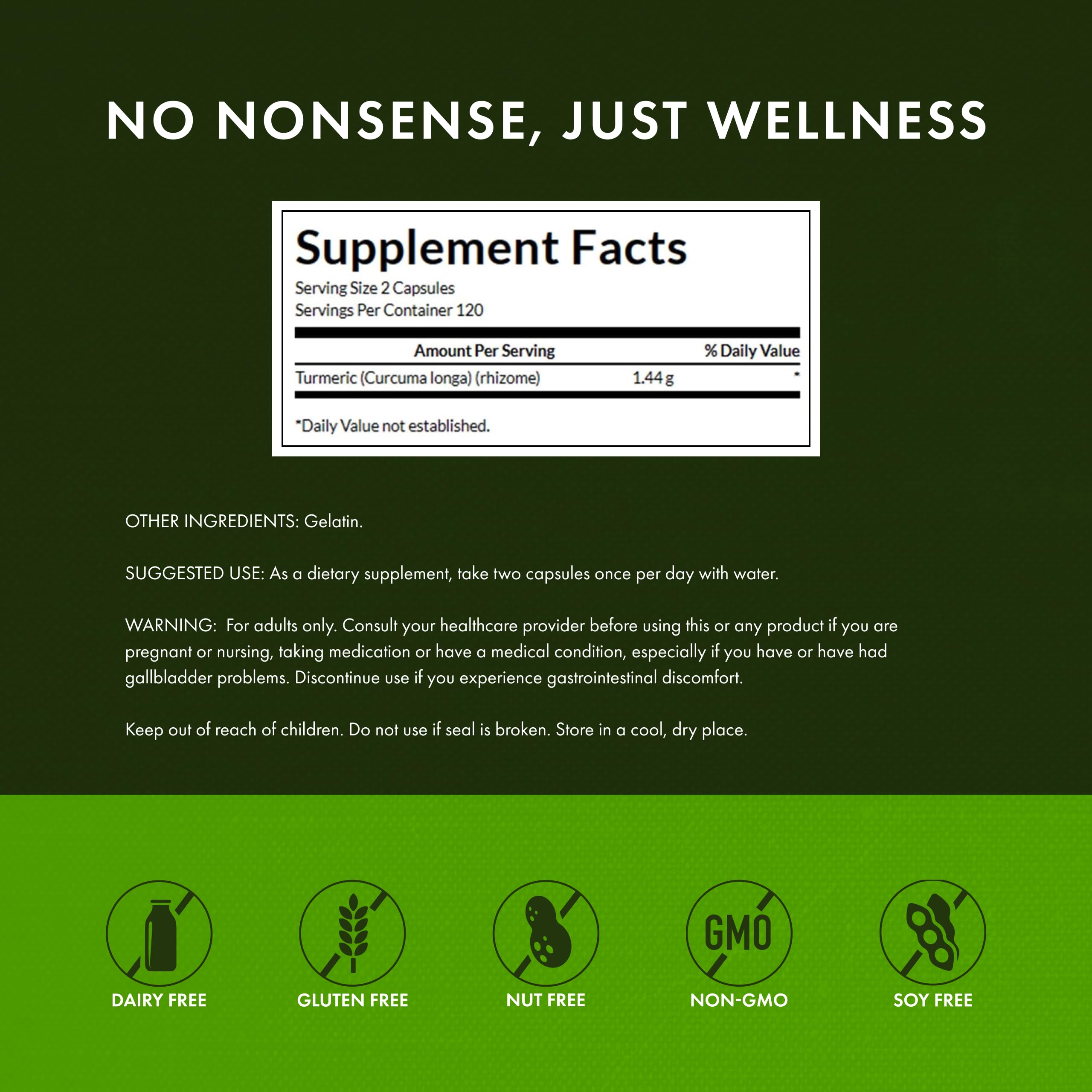 Swanson Turmeric label detail noting non-GMO and gluten-free features.