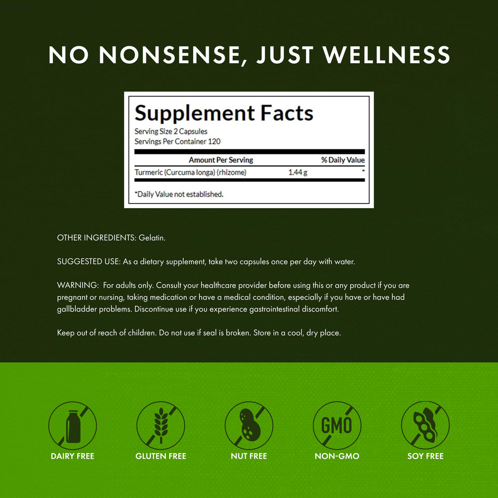 Swanson Turmeric label detail noting non-GMO and gluten-free features.