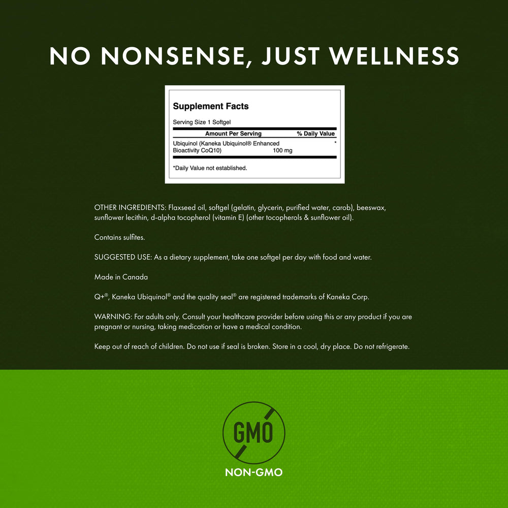 Swanson Ubiquinol 100mg label featuring Kaneka Nutrients signals high quality.