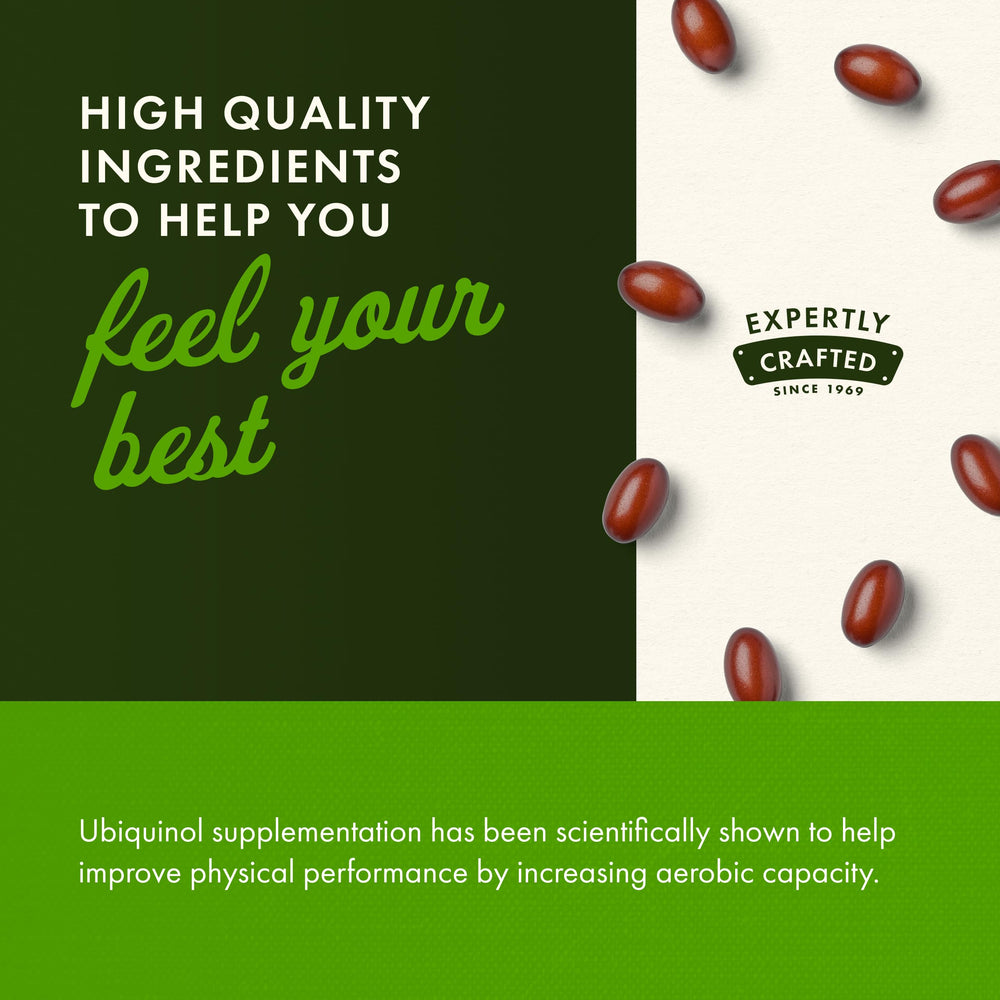Swanson Ubiquinol 100mg softgels beside water, easy daily intake.