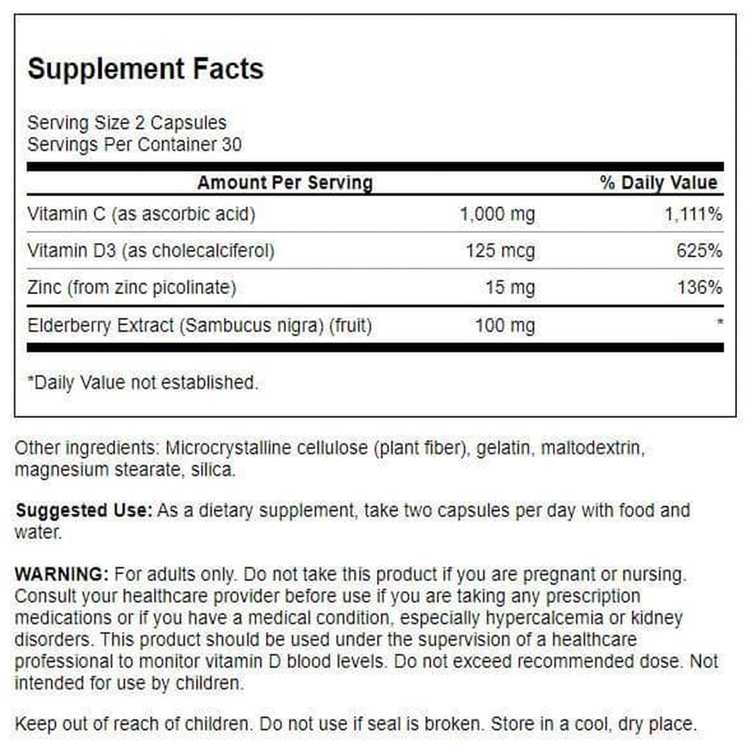 Swanson Ultimate Immune Defense bottle label close-up highlighting C, D, zinc and elderberry