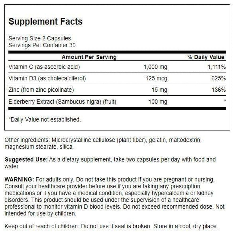 Swanson Ultimate Immune Defense bottle label close-up highlighting C, D, zinc and elderberry