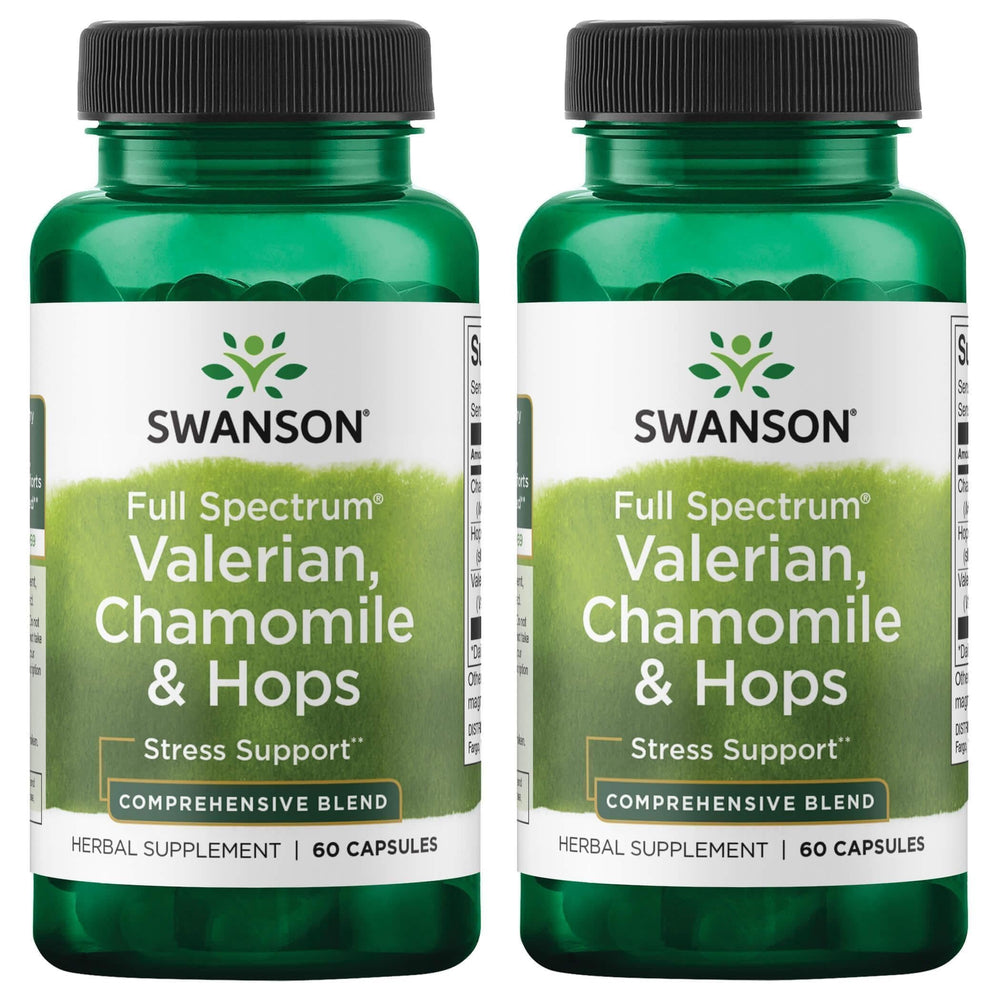 Swanson Valerian Chamomile Hops bottle for nighttime relaxation.