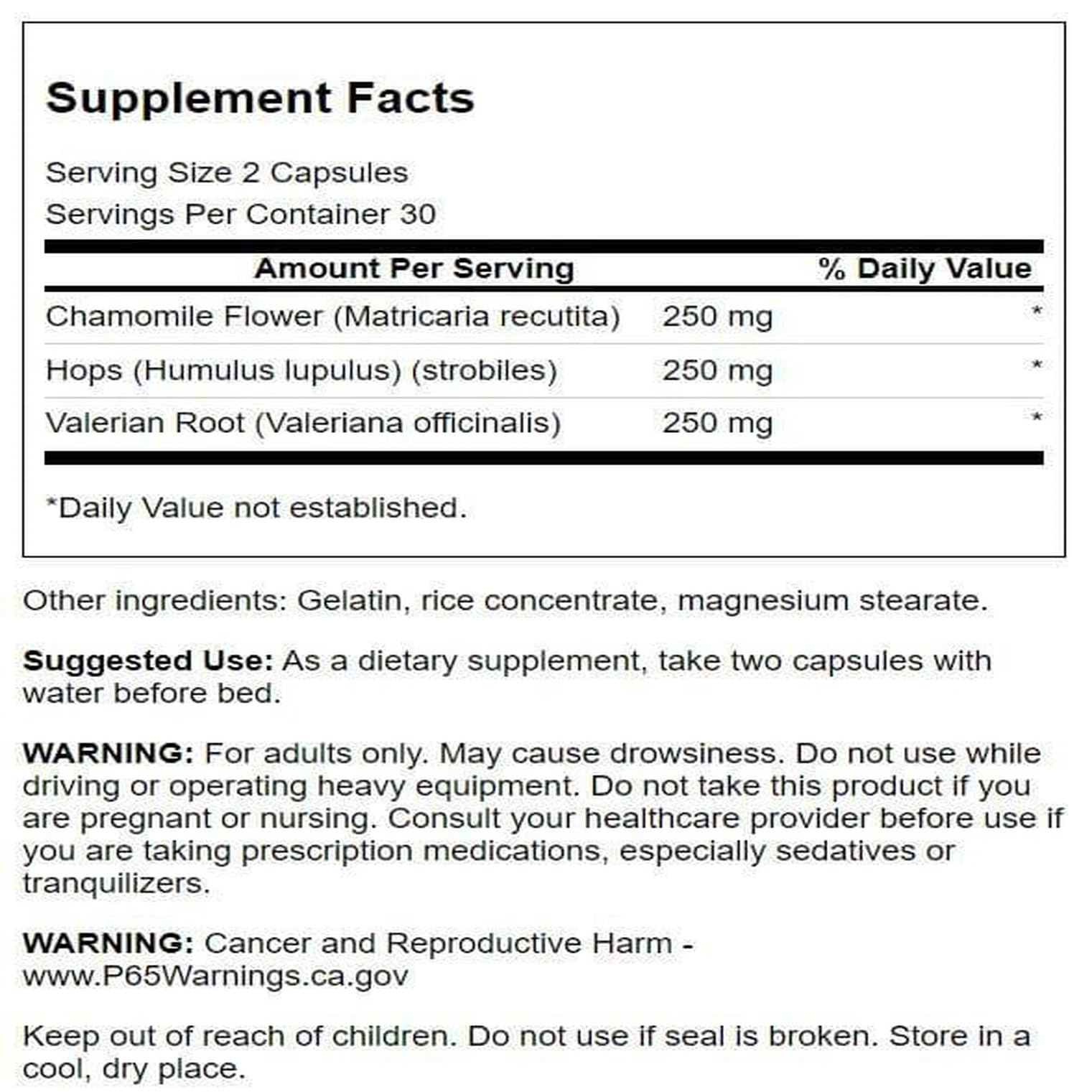 Swanson Valerian Chamomile Hops capsules for easy nightly dosing.