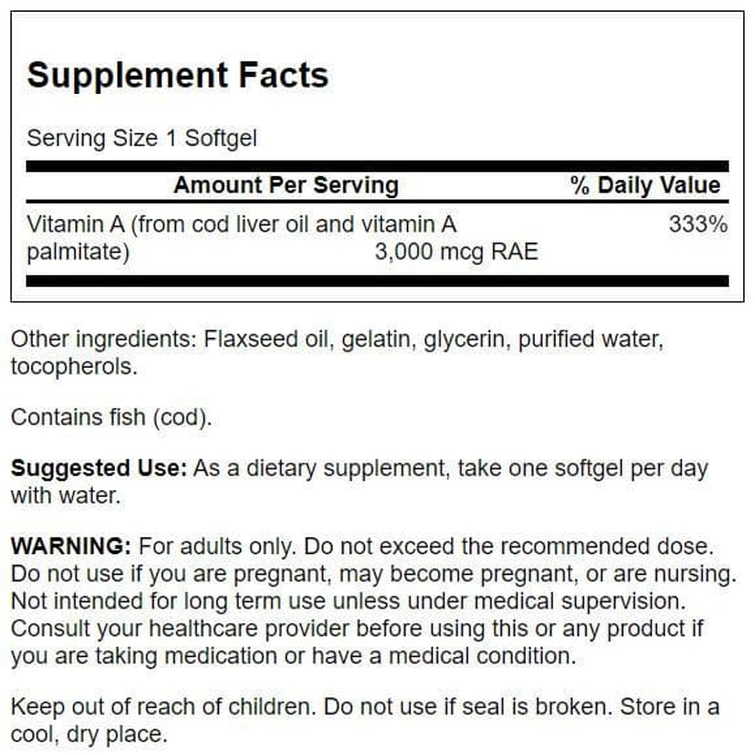 Swanson Vitamin A softgels label highlighting product details and source.