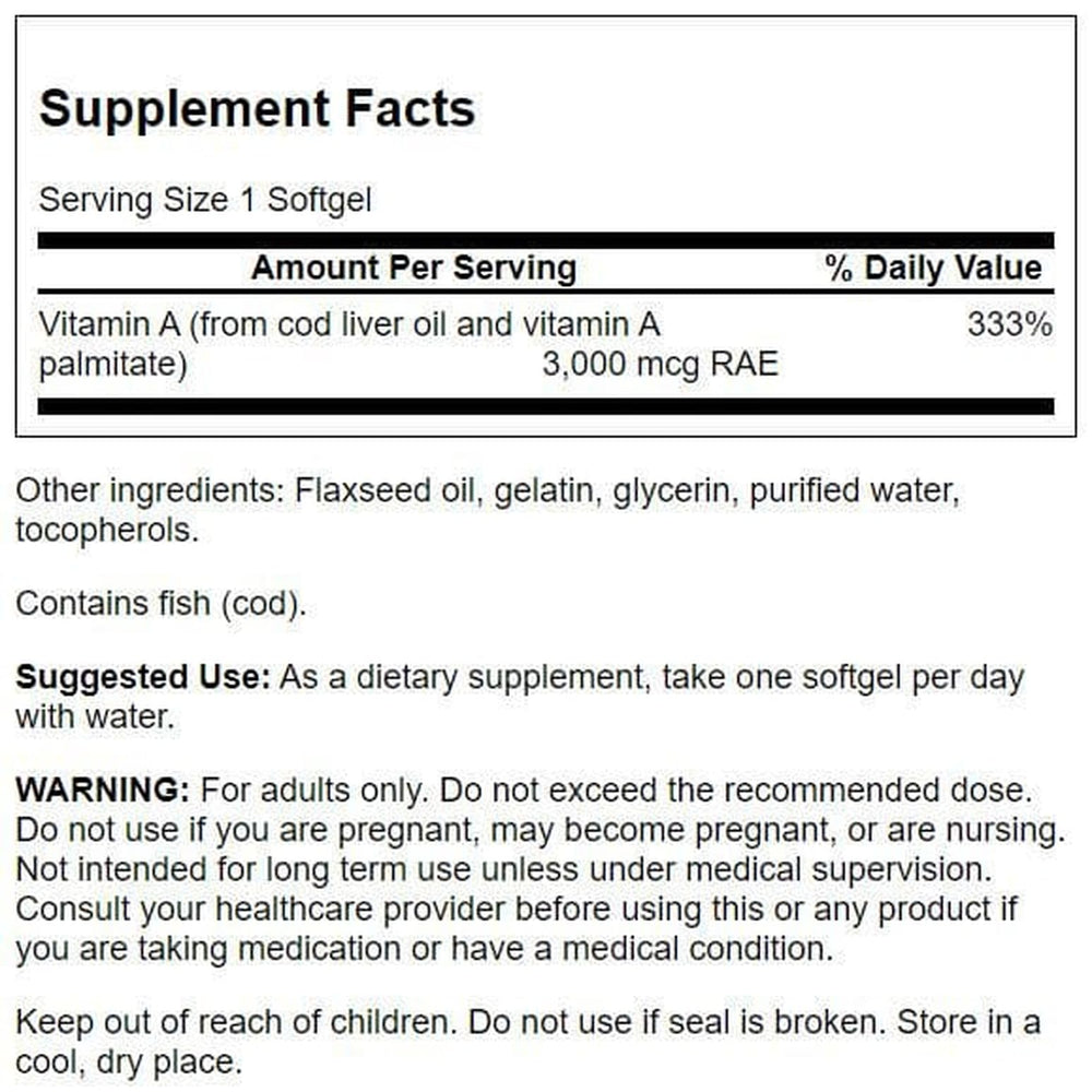 Swanson Vitamin A softgels label highlighting product details and source.