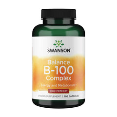 Swanson Vitamin B-100 bottle front showing high potency B vitamins for daily energy.