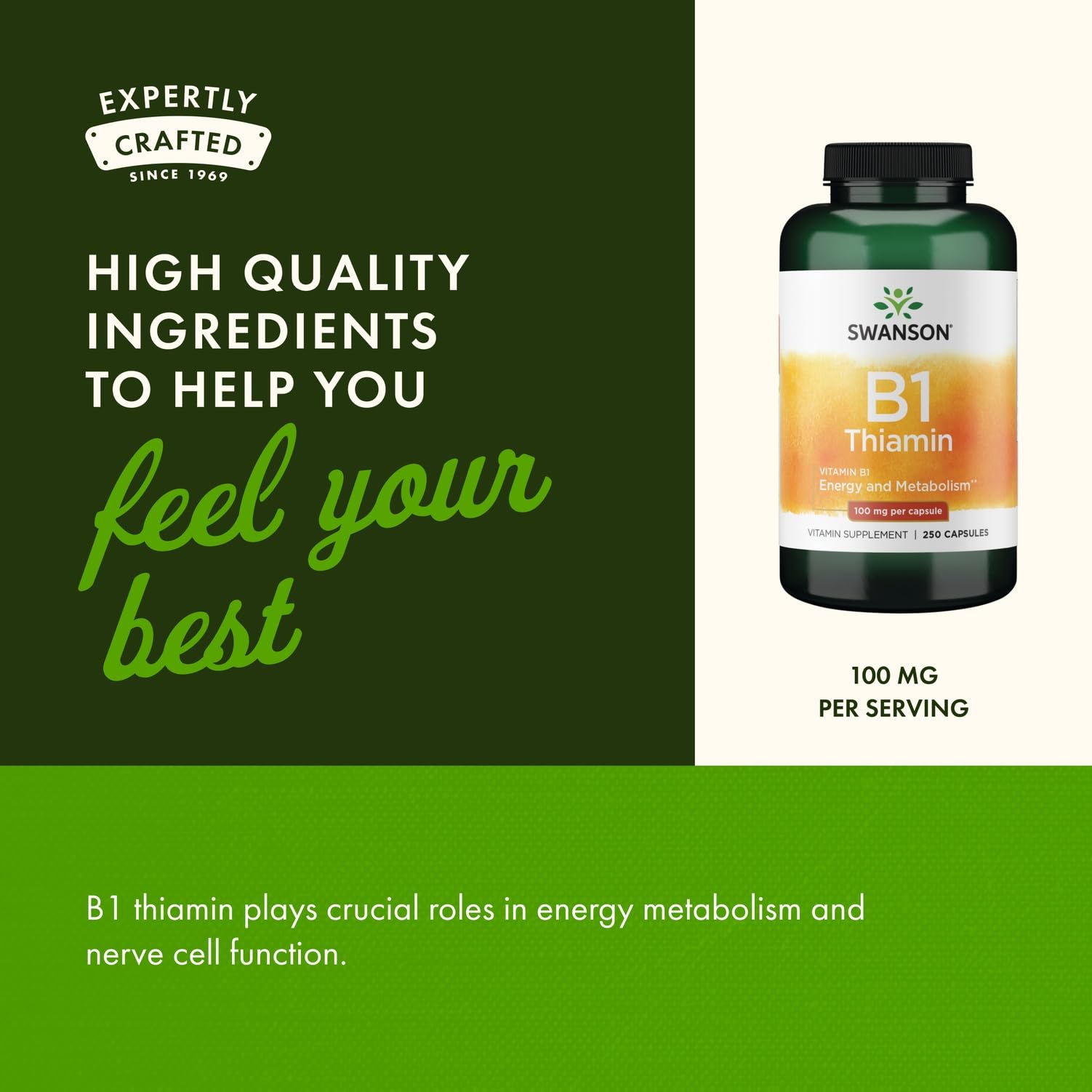 Swanson Vitamin B1 packaging highlights GMP quality and third‑party testing.
