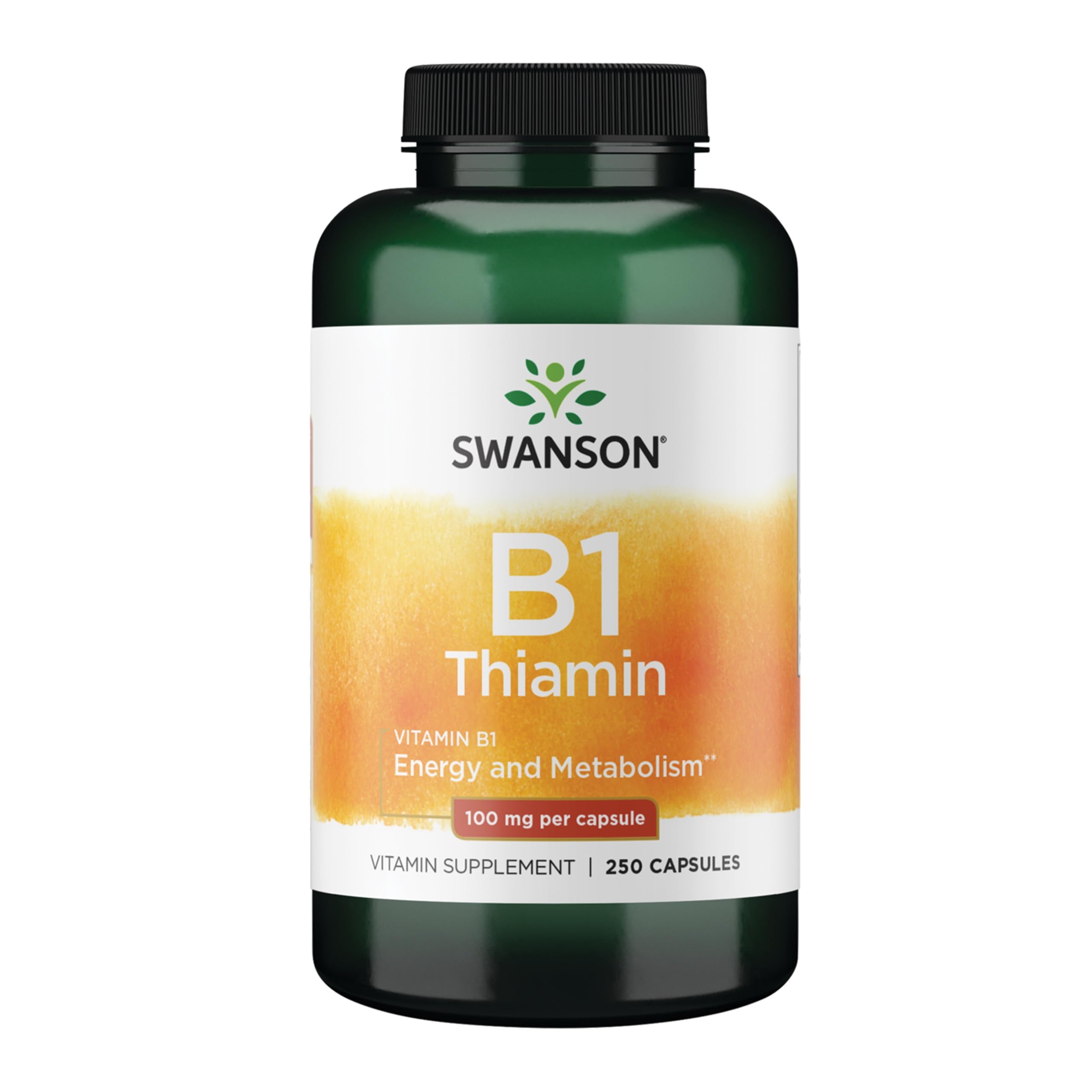 Swanson Vitamin B1 tablet bottle closeup highlighting thiamin support for energy and metabolism.