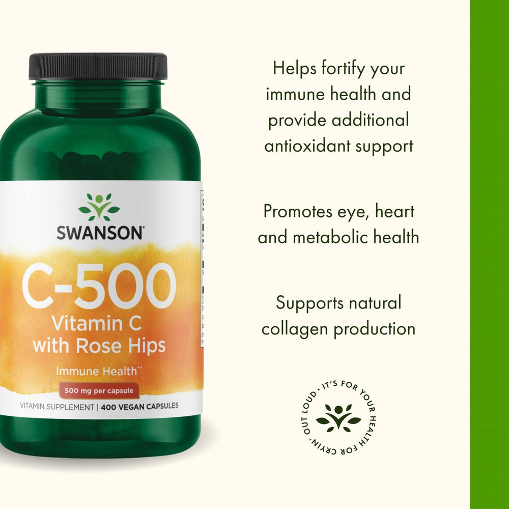 Swanson Vitamin C with Rose HIPS bottle pour for easy daily dosing.