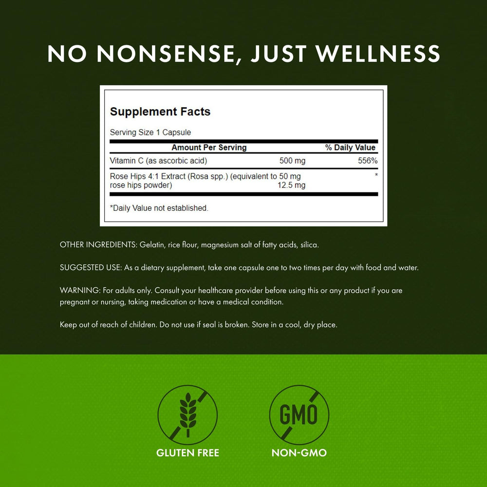 Close-up of Swanson Vitamin C with Rose HIPS label showing full spectrum plant based ingredients.