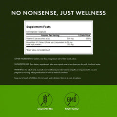 Close-up of Swanson Vitamin C with Rose HIPS label showing full spectrum plant based ingredients.