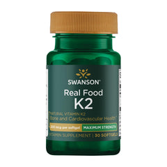 Swanson Vitamin K2 bottle label highlights natto-derived K2 for calcium balance support