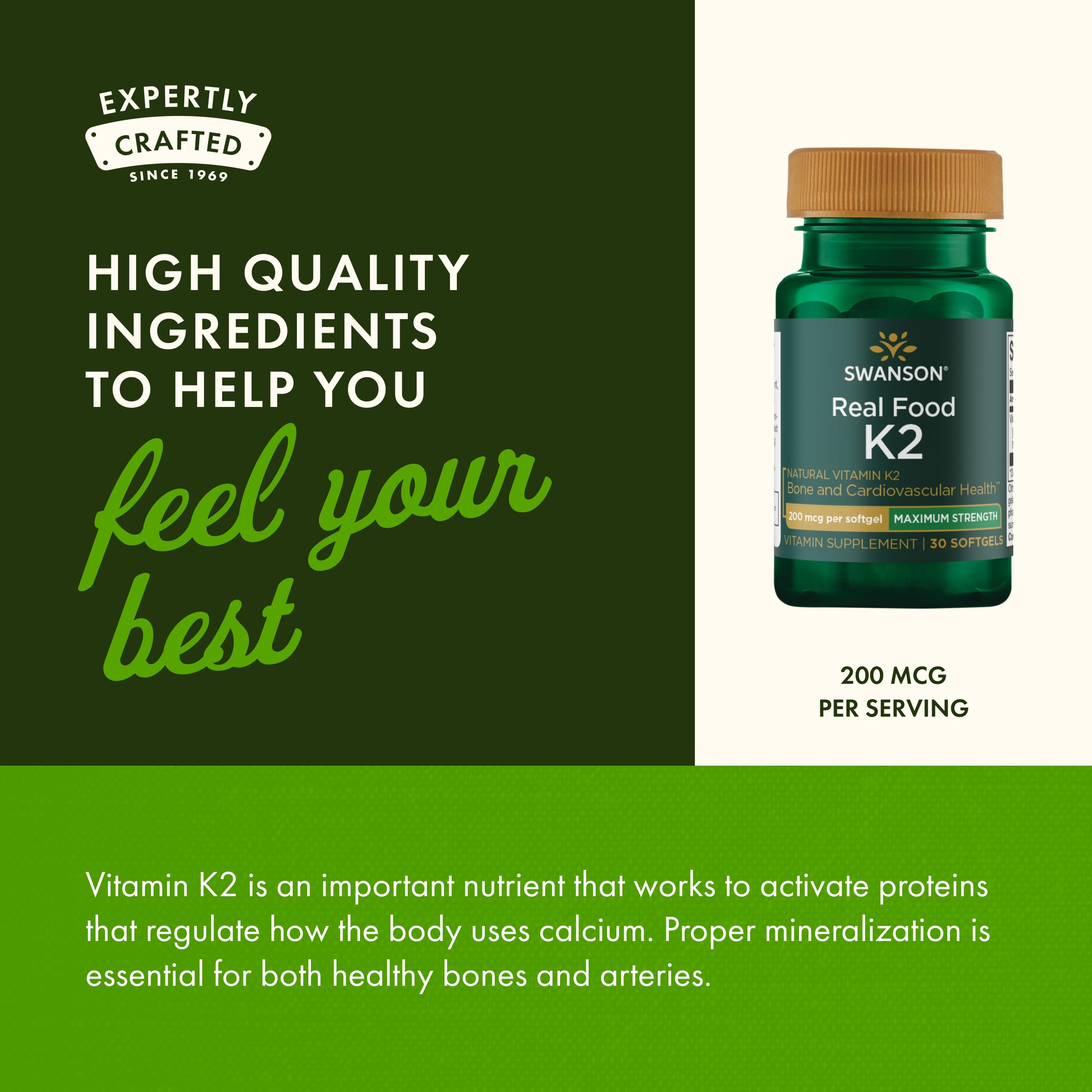 Swanson Vitamin K2 tight seal image emphasizes purity and third party testing