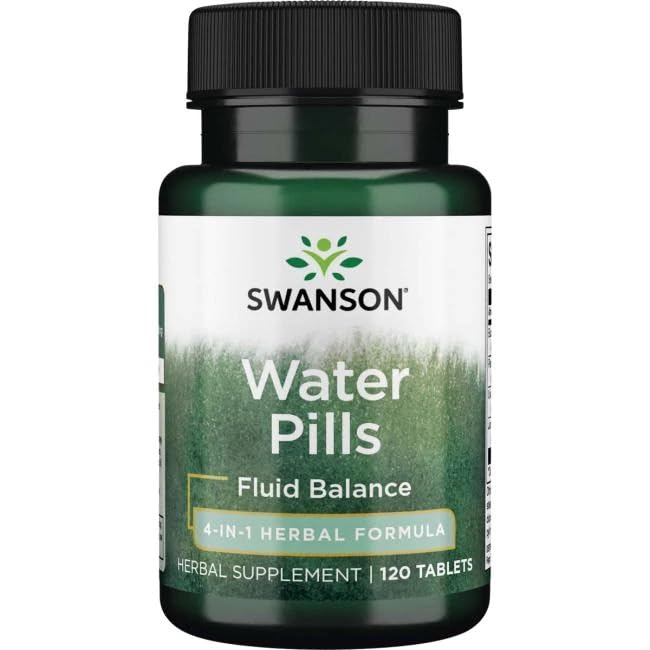 Swanson Water Pills bottle with label, supports healthy fluid balance for daily wellness.