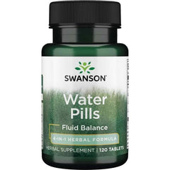 Swanson Water Pills bottle with label, supports healthy fluid balance for daily wellness.