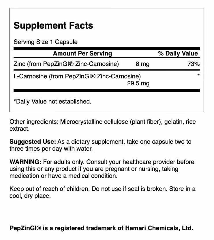 Swanson Zinc Carnosine capsules close-up emphasizing quality for daily gut comfort