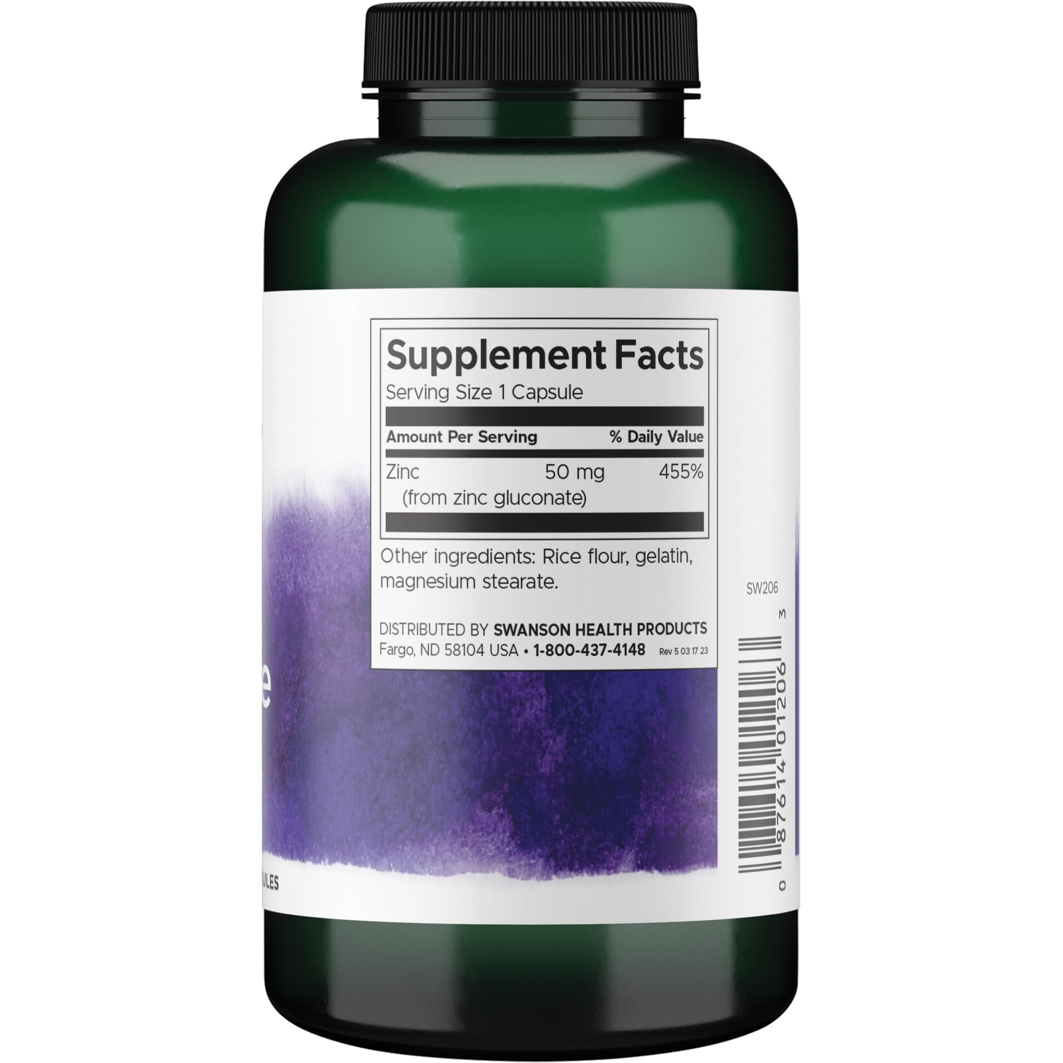 Swanson Zinc Gluconate bottle label close-up showing full-spectrum plant ingredients