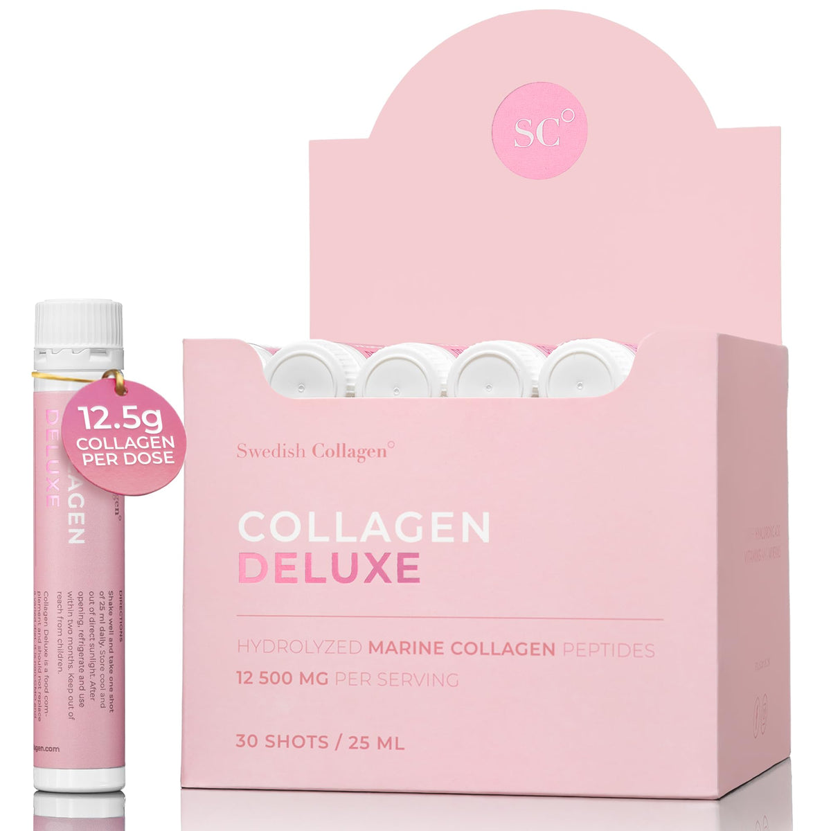 Swedish Collagen Deluxe bottle close-up showing high-dose marine collagen for skin and joints