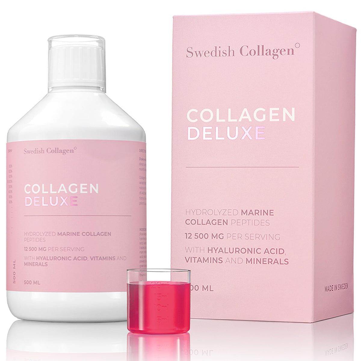 Swedish Collagen Deluxe bottle showcases high-dose marine collagen for skin and joints.