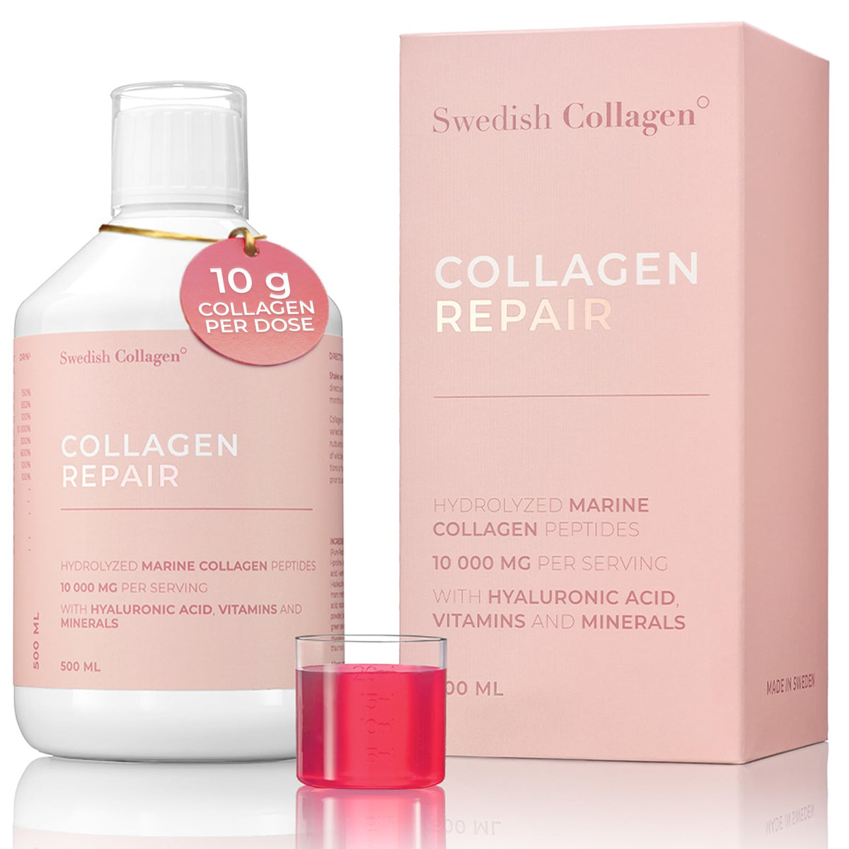 Swedish Collagen Repair bottle emphasizes 10,000 mg marine collagen for skin hydration