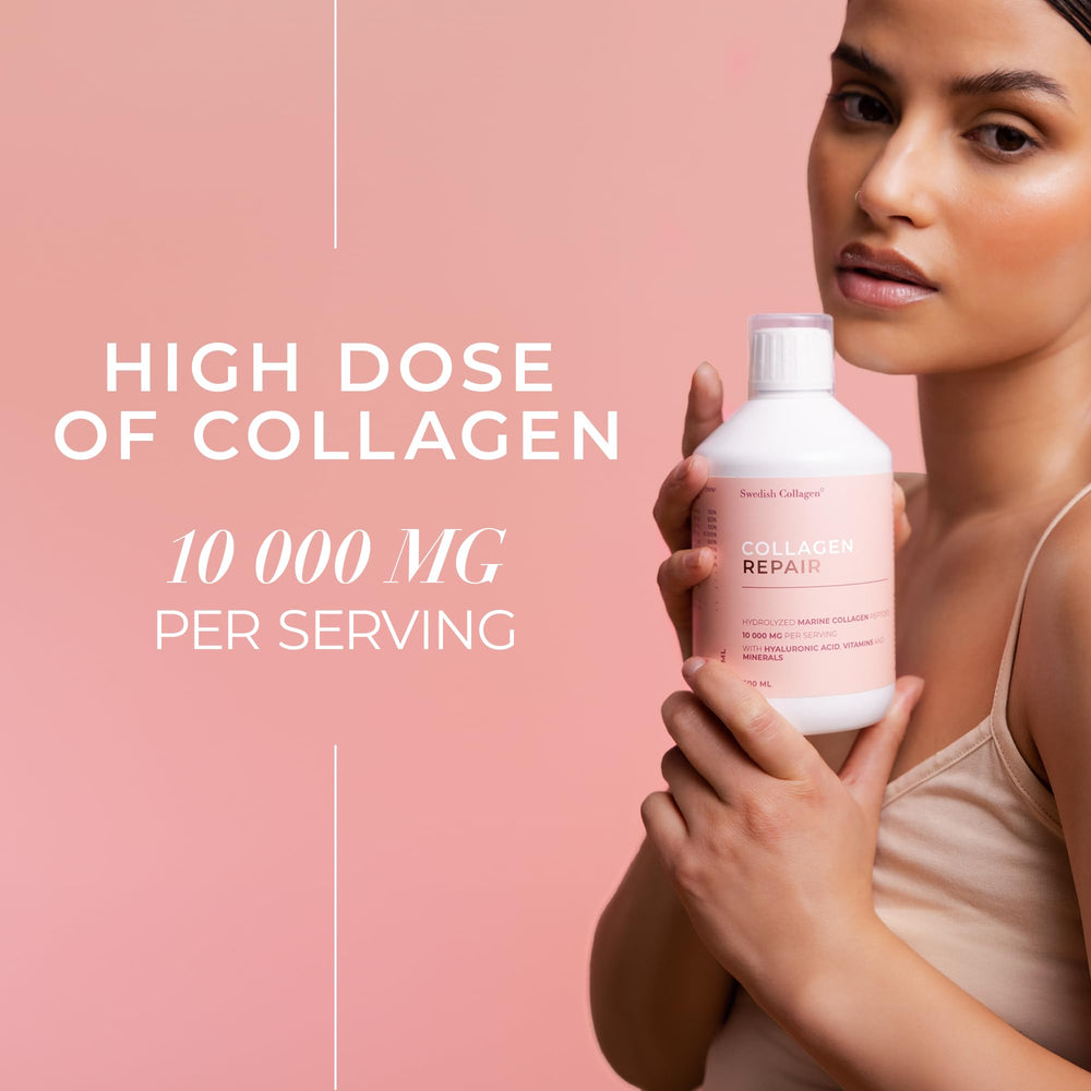 Swedish Collagen Repair label highlights hyaluronic acid and vitamin C benefits